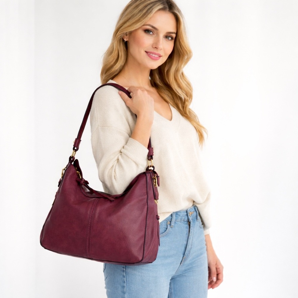 Realer‎ Womens Burgundy Vegan Leather Hobo Shoulder Bag Gold Hardware Large Wine